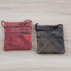 Set of 2 Suede Leather Patchwork Crossbody Pouches Burgundy and Brown Boho Bags